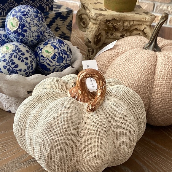 Other - NEW! Shabby Chic Fall Autumn Harvest Creamy White Burlap Textured Resin Pumpkin